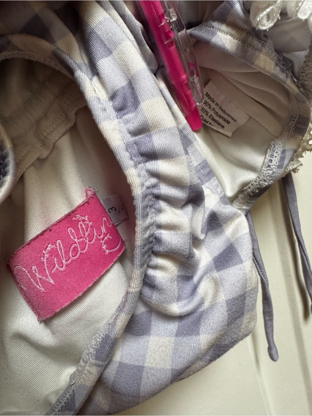 Wildling WDW 3T Gingham Check Swim Purple White Eyelet lace Ruffle & Tie Girls 3 - Picture 12 of 13